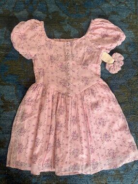 Japna Pink Floral Puff-Sleeve Dress with Matching Scrunchie